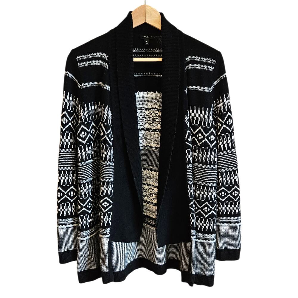 Talbots Lambswool Blend Black White Patterned Open Front Cardigan Medium
